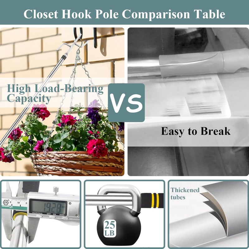 Frebuta Clothes Hook Pole Heavy Duty,32 to 80Inch High Reach Garment Hook for Hanging Birdfeeder Stainless Steels Tube Extension Pole to Reach High Hangers Sturdy and Durable (Silver Tube) - Image 5